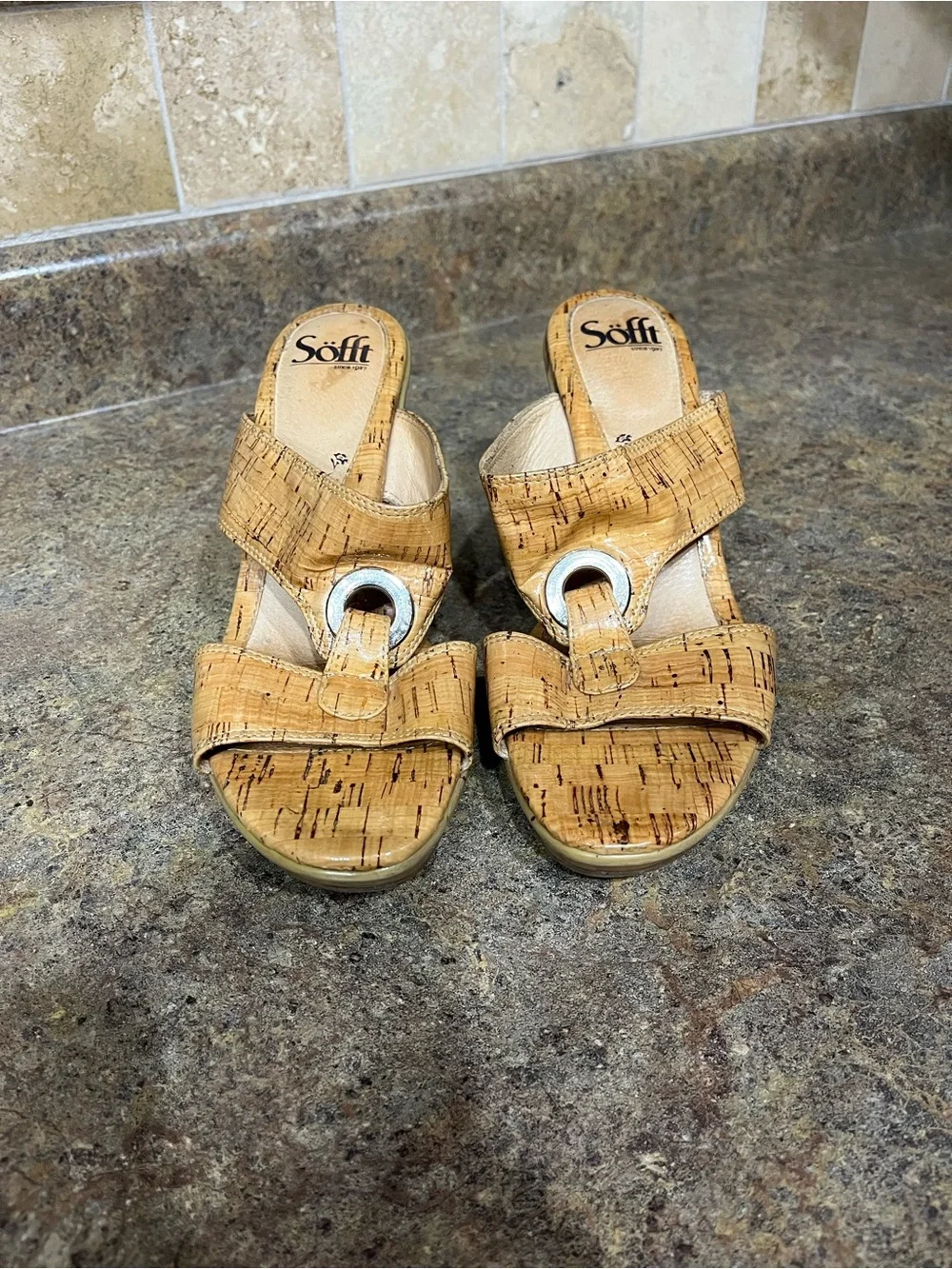 Söfft Women’s Size 8M Cork Platform Slide Sandals Tan Heels Leather Lined Boho